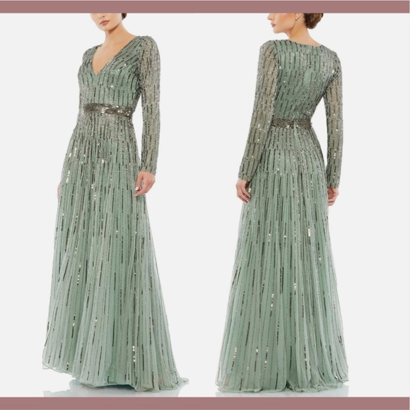 NEW $598 Mac Duggal [ 16 ] Sequined Illusion Long Sleeve A-line Gown‎ Sage Green - Picture 2 of 14